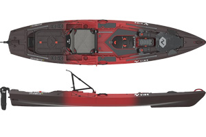 The Vibe Shearwater 125 Fishing kayak shown in the Tsunami Red colour