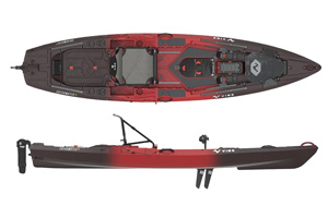 The Vibe Shearwater 125 Fishing kayak shown in the Tsunami Red colour